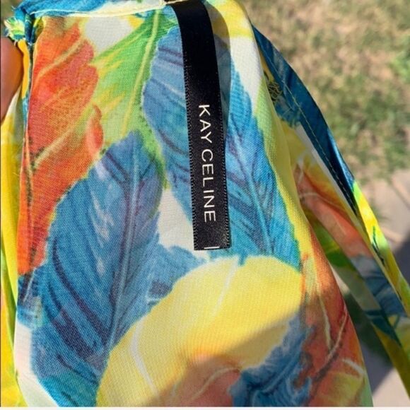 Feather Print Asymmetrical Tank Size L Green Blue Kay Celine Boho Hippie - Picture 7 of 8